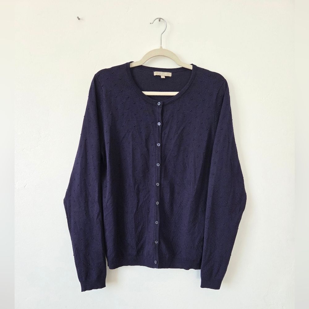 Joan Vass New York Navy Blue Cardigan Sweater Swiss Dot XL Preppy Old Money Twee